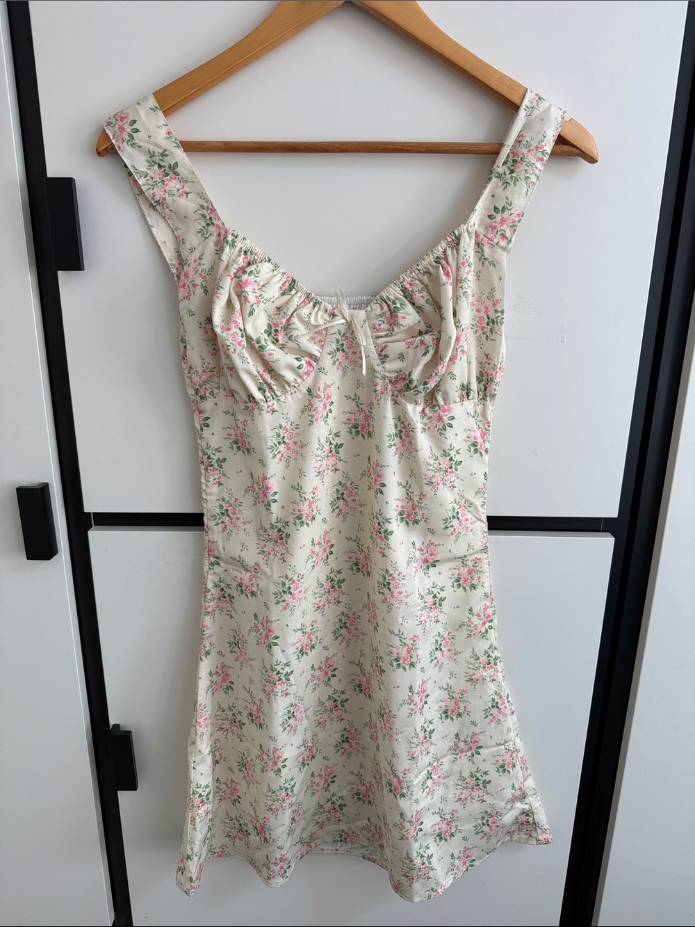 Linjia Shop - NWT - Floral Ivory Satin Slip Dress with Pink Blossom Print